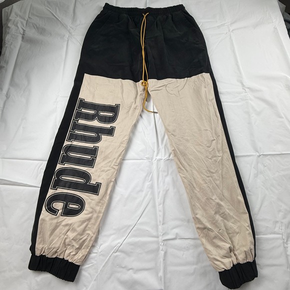 Rhude Mens Colorblock Logo Track Pants Black Tan Size L Cupro Cotton Joggers